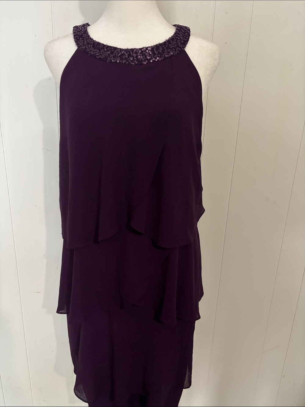 NWOT Chaps Plum Tiered Sequin Neck Dress